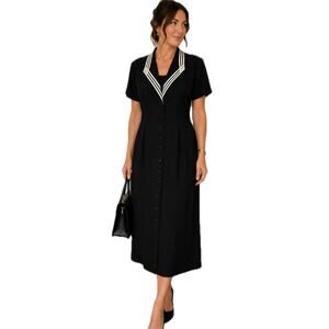 VINTAGE 90s SL Fashions Nautical Sailor Midi Dress Black White Career Size 16 XL
